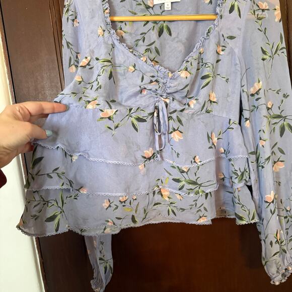 INTERMIX | Lavender Purple Floral Silk Ruffled Babydoll Shirt tie bust | size 8 - Picture 5 of 6
